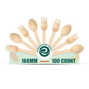 eco soul 160mm 100 pack disposable spoons amp forks set  wooden dining flatware  ideal for kids birthday wedding amp party