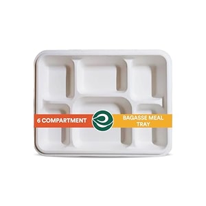 eco soul 25 pack 5-compartment disposable small meal tray  compostable bagasse plates  eco-friendly biodegradable dinner plates  party wedding event plateswhite