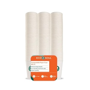 eco soul 250 ml 100 count disposable white paper cups plastic-free aqueous coated  eco-friendly amp biodegradable cups  use amp throw party glasses  ideal for tea coffee amp water  250 gsm