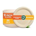 Eco Soul | Disposable Bagasse Plates | 9 inch - Pack of 25 | Compostable Eco-Friendly Disposable Plates Big Size for Snacks, Lunch & Meals | Durable, Microwave & Freezer Safe