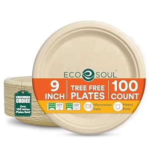 eco soul 9 inch 100 pack disposable bagasse plates  eco-friendly biodegradable sugarcane paper plates  for serving snacks  birthday wedding amp party  round beige 23 cm