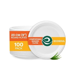 eco soul 9 inch 200 pack disposable bagasse plates  eco-friendly biodegradable sugarcane paper plates  for serving snacks  birthday wedding amp party  round white 23 cm