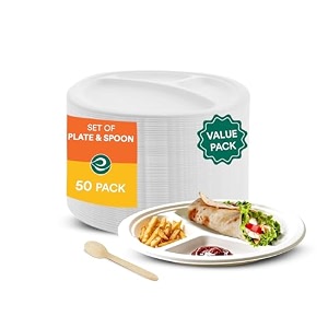 eco soul biodegradable disposable tableware set  eco-friendly and perfect for weddings birthdays and parties  includes 10 inch 25 cm 3 compartment round plate 160 mm birchwood spoon 50 each