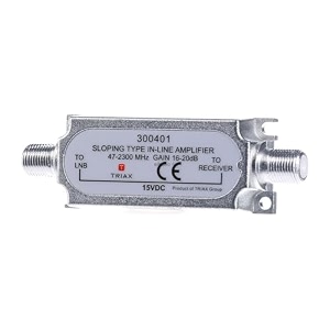 triax in-line sloping type in-line amplifier satellite 16-20db gain inline amplifier 47-2300mhz booster silver