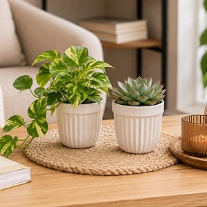 ecofynd 35 inch ceramic plant pots with drainage hole modern decorative clay flower pots for indoor plants home garden decor for living room bedroom amp interior spaces pack of 2 cpot046-wht