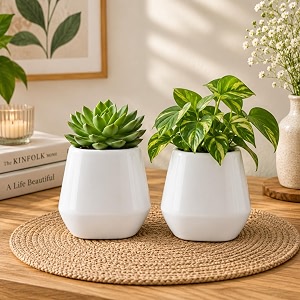 ecofynd 35 inch ceramic plant pots with drainage hole modern decorative clay flower pots for indoor plants home garden decor for living room bedroom amp interior spaces pack of 2 cpot048-wht