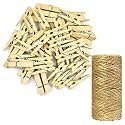 ecofynd 30 pcs Mini Natural Wood Pin for Photos, Wooden Small Photo Clips, Mini Close Pins for Pictures, Paper Peg Craft Little Baby Shower, Party Home Decoration (30 Pieces+Jute Rope, Natural Clips)