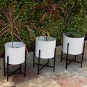 ecofynd Centuria Mid Century Metal Plant Pot Set | Indoor Round Planter with Metal Stand (Pot: White, Stand: Black, All Three Sizes)
