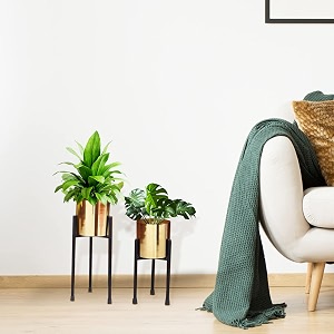 ecofynd emma mid century metal plant pot set  indoor round planter with metal stand pot gold stand black