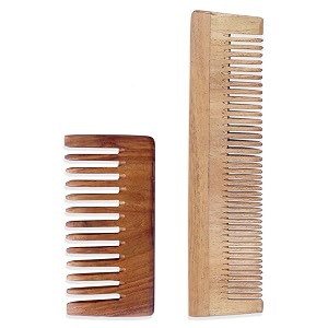 handmade natural pure healthy neem wooden comb wide tooth for hair growthanti-dandruff comb for women and men - pack of 2
