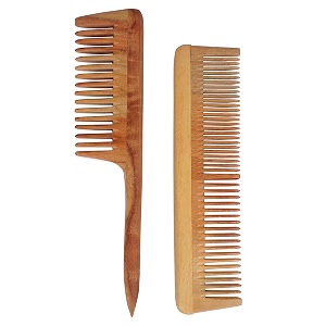 handmade natural pure healthy neem wooden comb wide tooth for hair growthanti-dandruff comb for women and men - pack of 2 taildouble