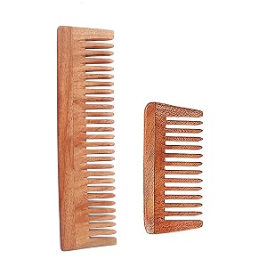 handmade natural pure healthy neem wooden comb wide tooth for hair growthanti-dandruff comb for women and men - pack of 2