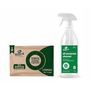 ecosys all purpose cleaner capsules kitchen cleaning spray removes tough stains grease oil chimney sink tiles 1l refillable spray bottle  1 cleaner capsule pack of 1ltr