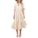 ECOWISH Women Summer Casual Dress - V Neck Short Sleeve Gingham Midi Pleated Tiered Loose Fit Holiday Picnic Dresses