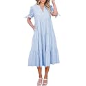 ECOWISH Women Summer Casual Dress - V Neck Short Sleeve Gingham Midi Pleated Tiered Loose Fit Holiday Picnic Dresses