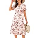 ECOWISH Women Summer Casual Dress - V Neck Short Sleeve Gingham Midi Pleated Tiered Loose Fit Holiday Picnic Dresses