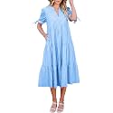 ECOWISH Women Summer Casual Dress - V Neck Short Sleeve Gingham Midi Pleated Tiered Loose Fit Holiday Picnic Dresses