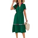 ECOWISH Women Summer Casual Dress - V Neck Short Sleeve Gingham Midi Pleated Tiered Loose Fit Holiday Picnic Dresses