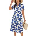 ECOWISH Women Summer Casual Dress - V Neck Short Sleeve Gingham Midi Pleated Tiered Loose Fit Holiday Picnic Dresses