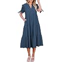 ECOWISH Women Summer Casual Dress - V Neck Short Sleeve Gingham Midi Pleated Tiered Loose Fit Holiday Picnic Dresses
