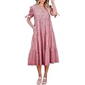 ECOWISH Women Summer Casual Dress - V Neck Short Sleeve Gingham Midi Pleated Tiered Loose Fit Holiday Picnic Dresses