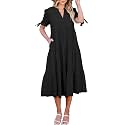 ECOWISH Women Summer Casual Dress - V Neck Short Sleeve Gingham Midi Pleated Tiered Loose Fit Holiday Picnic Dresses