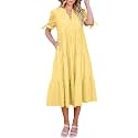 ECOWISH Women Summer Casual Dress - V Neck Short Sleeve Gingham Midi Pleated Tiered Loose Fit Holiday Picnic Dresses