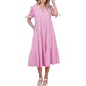 ECOWISH Women Summer Casual Dress - V Neck Short Sleeve Gingham Midi Pleated Tiered Loose Fit Holiday Picnic Dresses