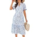 ECOWISH Women Summer Casual Dress - V Neck Short Sleeve Gingham Midi Pleated Tiered Loose Fit Holiday Picnic Dresses