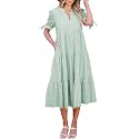 ECOWISH Women Summer Casual Dress - V Neck Short Sleeve Gingham Midi Pleated Tiered Loose Fit Holiday Picnic Dresses