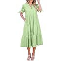 ECOWISH Women Summer Casual Dress - V Neck Short Sleeve Gingham Midi Pleated Tiered Loose Fit Holiday Picnic Dresses