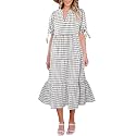 ECOWISH Women Summer Casual Dress - V Neck Short Sleeve Gingham Midi Pleated Tiered Loose Fit Holiday Picnic Dresses