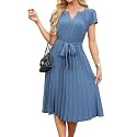 ECOWISH Womens Casual Midi Dresses Solid V Neck Short Sleeve Button Shirt Belted Dress with Pockets for Spring Summer 2026