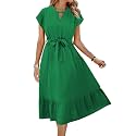 ECOWISH Womens Casual Midi Dresses Solid V Neck Short Sleeve Button Shirt Belted Dress with Pockets for Spring Summer 2026
