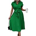 ECOWISH Womens Casual Midi Dresses Solid V Neck Short Sleeve Button Shirt Belted Dress with Pockets for Spring Summer 2026