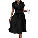 ECOWISH Womens Casual Midi Dresses Solid V Neck Short Sleeve Button Shirt Belted Dress with Pockets for Spring Summer 2026