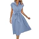 ECOWISH Womens Casual Midi Dresses Solid V Neck Short Sleeve Button Shirt Belted Dress with Pockets for Spring Summer 2026
