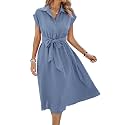 ECOWISH Womens Casual Midi Dresses Solid V Neck Short Sleeve Button Shirt Belted Dress with Pockets for Spring Summer 2026