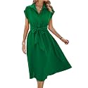 ECOWISH Womens Casual Midi Dresses Solid V Neck Short Sleeve Button Shirt Belted Dress with Pockets for Spring Summer 2026