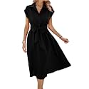 ECOWISH Womens Casual Midi Dresses Solid V Neck Short Sleeve Button Shirt Belted Dress with Pockets for Spring Summer 2026