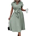 ECOWISH Womens Casual Midi Dresses Solid V Neck Short Sleeve Button Shirt Belted Dress with Pockets for Spring Summer 2026