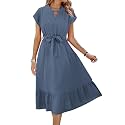 ECOWISH Womens Casual Midi Dresses Solid V Neck Short Sleeve Button Shirt Belted Dress with Pockets for Spring Summer 2026