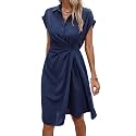 ECOWISH Womens Casual Midi Dresses Solid V Neck Short Sleeve Button Shirt Belted Dress with Pockets for Spring Summer 2026