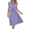 ECOWISH Womens Casual Midi Dresses Solid V Neck Short Sleeve Button Shirt Belted Dress with Pockets for Spring Summer 2026