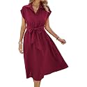 ECOWISH Womens Casual Midi Dresses Solid V Neck Short Sleeve Button Shirt Belted Dress with Pockets for Spring Summer 2026