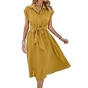 ECOWISH Womens Casual Midi Dresses Solid V Neck Short Sleeve Button Shirt Belted Dress with Pockets for Spring Summer 2026