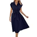 ECOWISH Womens Casual Midi Dresses Solid V Neck Short Sleeve Button Shirt Belted Dress with Pockets for Spring Summer 2026