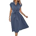ECOWISH Womens Casual Midi Dresses Solid V Neck Short Sleeve Button Shirt Belted Dress with Pockets for Spring Summer 2026