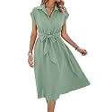 ECOWISH Womens Casual Midi Dresses Solid V Neck Short Sleeve Button Shirt Belted Dress with Pockets for Spring Summer 2026