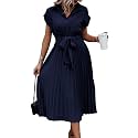 ECOWISH Womens Casual Midi Dresses Solid V Neck Short Sleeve Button Shirt Belted Dress with Pockets for Spring Summer 2026